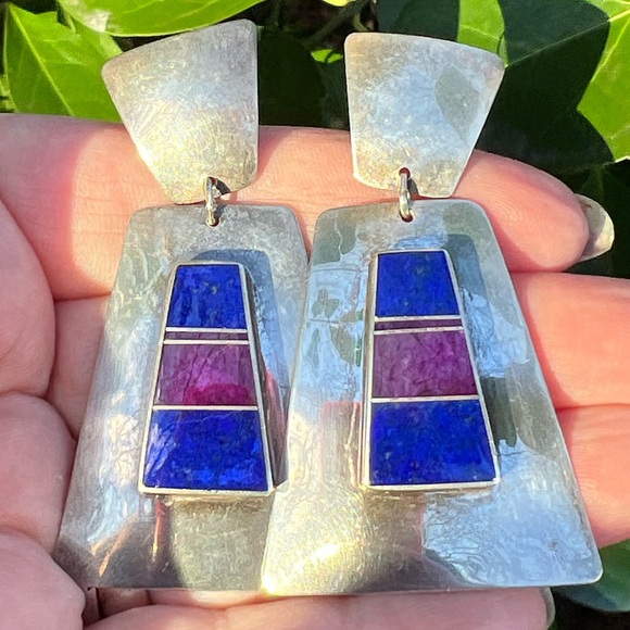 VINTAGE NAVAJO NATIVE AMERICAN SUGILITE LAPIS HUGE DROP DANGLE EARRINGS 925 SS